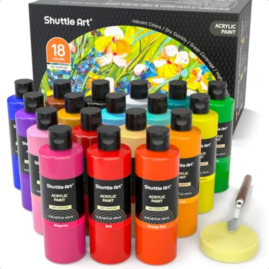 

Shuttle Art 18 Colors Acrylic Paint Bottle Set 250ml 8.45oz Rich Pigmented Bulk Painting plies for Artists Beginners and on Roc