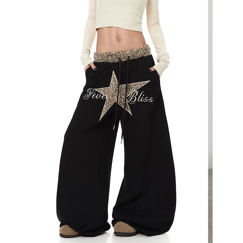 2026 Summer  Retro American Street Style Leopard Print Waistband Patchwork Embroidered Dance Loose Wide Leg Pants for Women