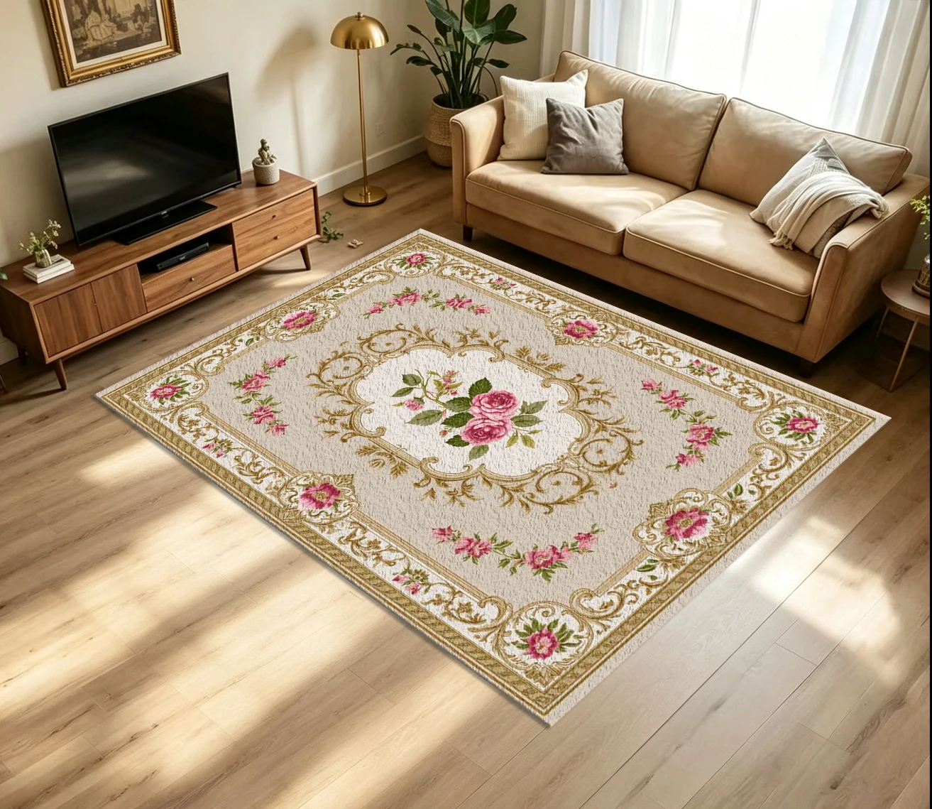 European Royal Baroque Rose Carpet Flooring Beige Base Golden Scroll Frame Pink Rose Ornament Symmetrical Art Pattern Printed Floor Rug for Household Indoor Luxury Home Decoration