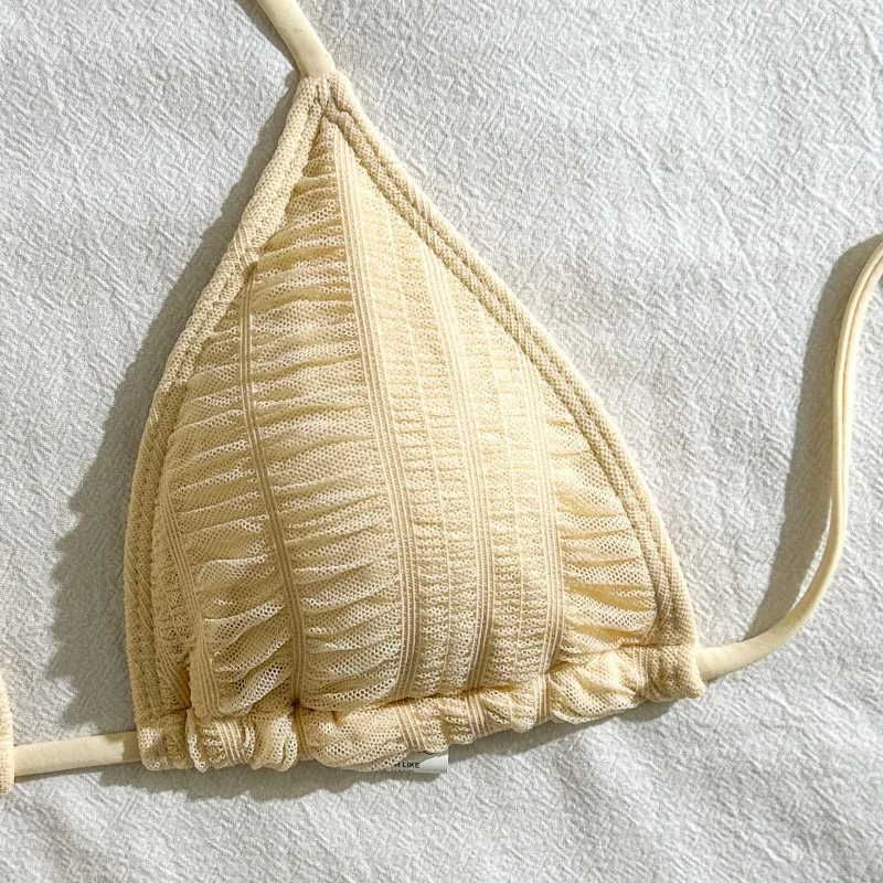 3-teiliger, strukturierter, hoch geschnittener Neckholder-Triangel-Bikini-Badeanzug für Damen mit Überzug