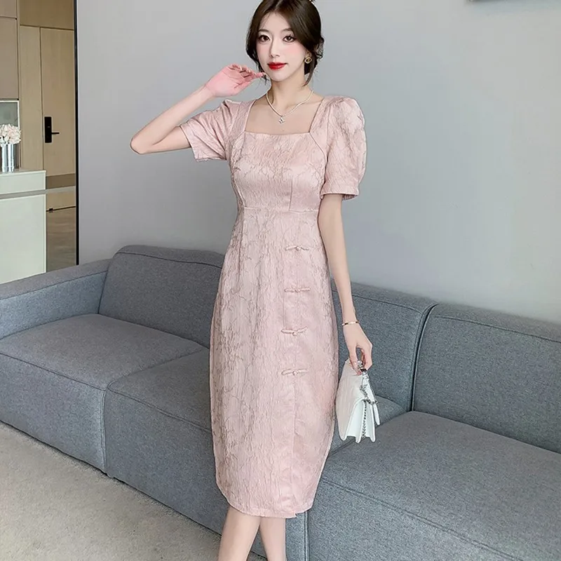 

High Quality Pencil Dress Women New 2024 Summer Chinese Style Vintage Solid Color Ladies Elegant Slim Long Dresses W1608