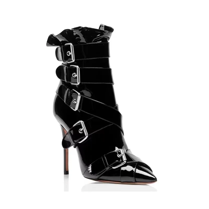 السيدات الخريف موضة الكشكشة مشبك حزام أشار تو حذاء من الجلد النساء براءات الاختراع والجلود رقيقة عالية الكعب أحذية قصيرة Bottines