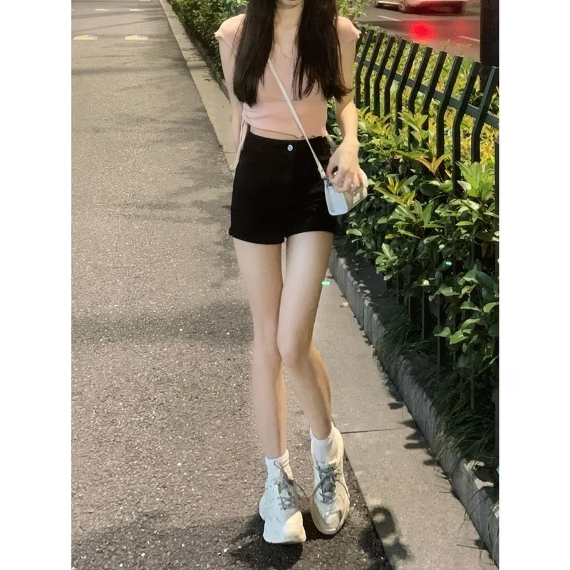 

Black Elastic Denim Shorts Women's Spring 2023 plus Size Slimming Hot Pants High Waist Straight Leg Jeans Short Length