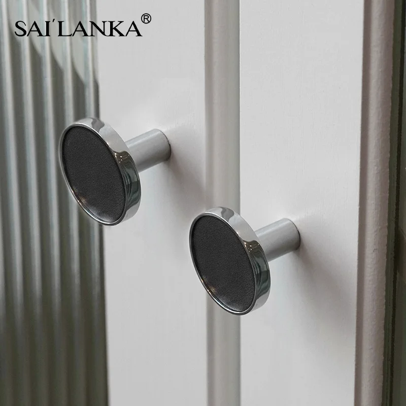 SAILANKA Brass Handle Black Leather Silver Cabinet Door Handle Scandinavian Style Simple Drawer Cabinet Handle