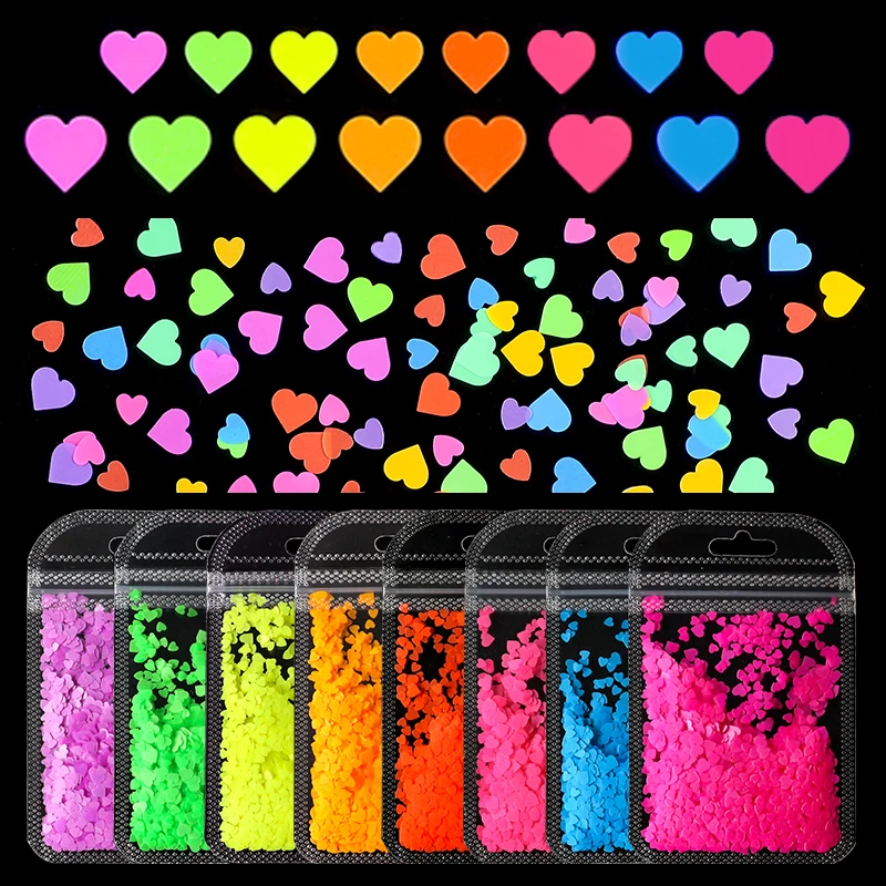 Fluorescence Love Heart Shape Nail Art Glitter Flakes 3D Colorful Sequins Polish Manicure For Nails Decorations DIY Accessories