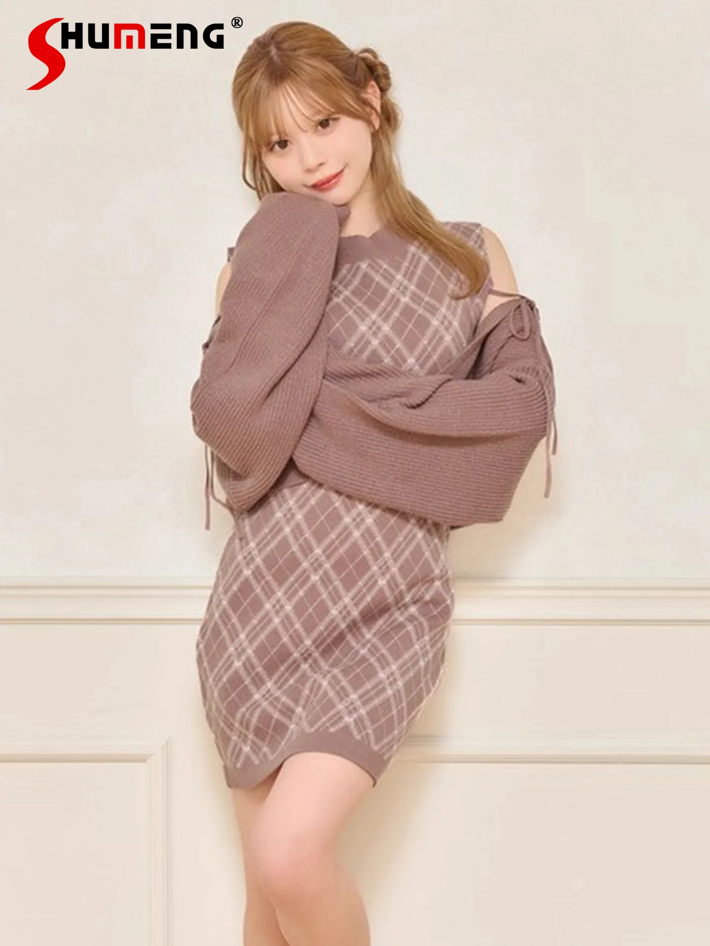 

Japanese Style Elegant Fashion Socialite Long Sleeve Short Waistcoat Sleeveless Bodycon Plaid Knitted Dress Two-Piece Set Women