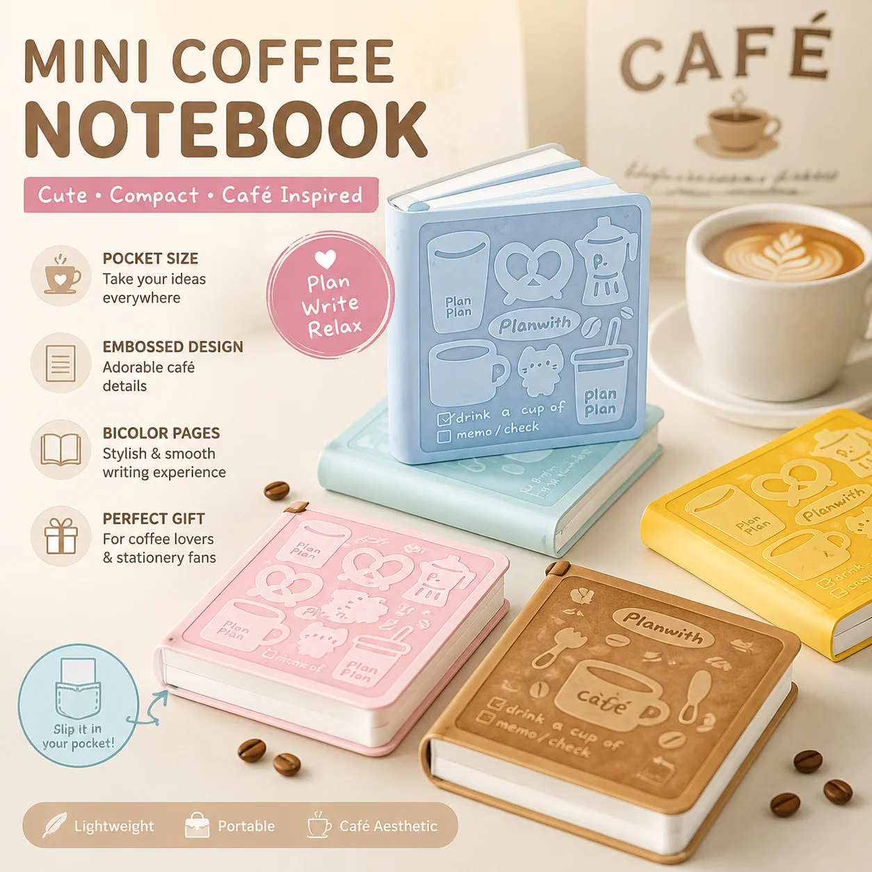 New Planwith Mini Pocket Notebook Dual Color Embossed Pu Cover Portable Small Square Notepad For Daily Record Office School Use