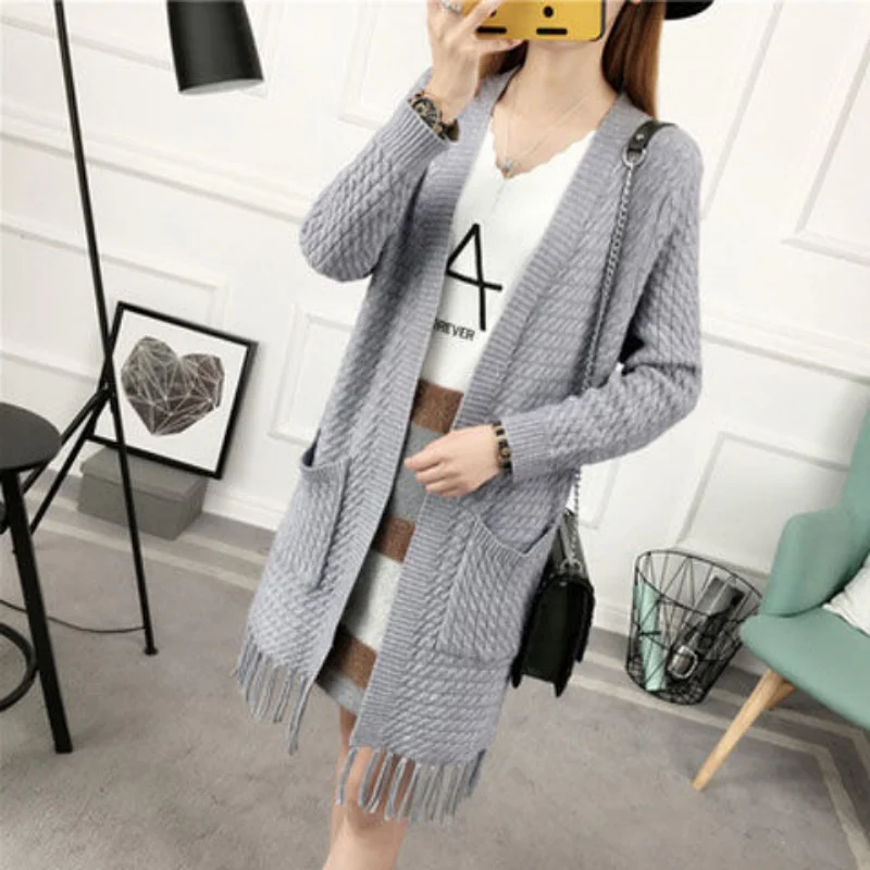 Women's Knitted Cardigan with Tassel Edges, V-neck, Mid-length Model, Autumn and Winter, Korean Version, New