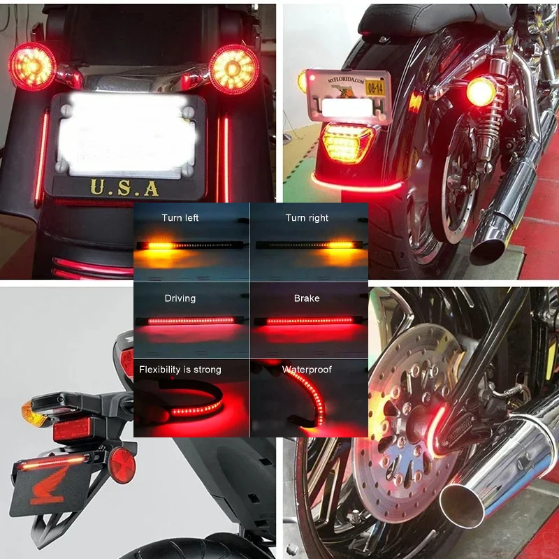 Motorcycle Dual Color LED Strip Position Tail Turn Signal Stop Brake Light Rear Side Universal Light Side Marker Warning Lamp