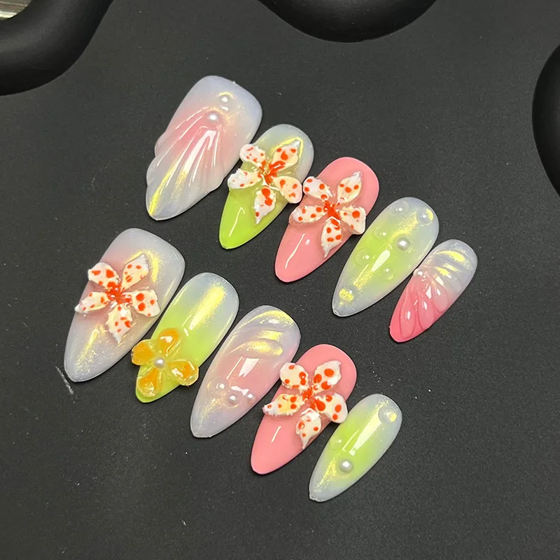 

10pcs Handmade Press on Nails Ins Blush Carving Flower Design Fake Nail Tips Wearable Detchable Spice Girl French False Nails