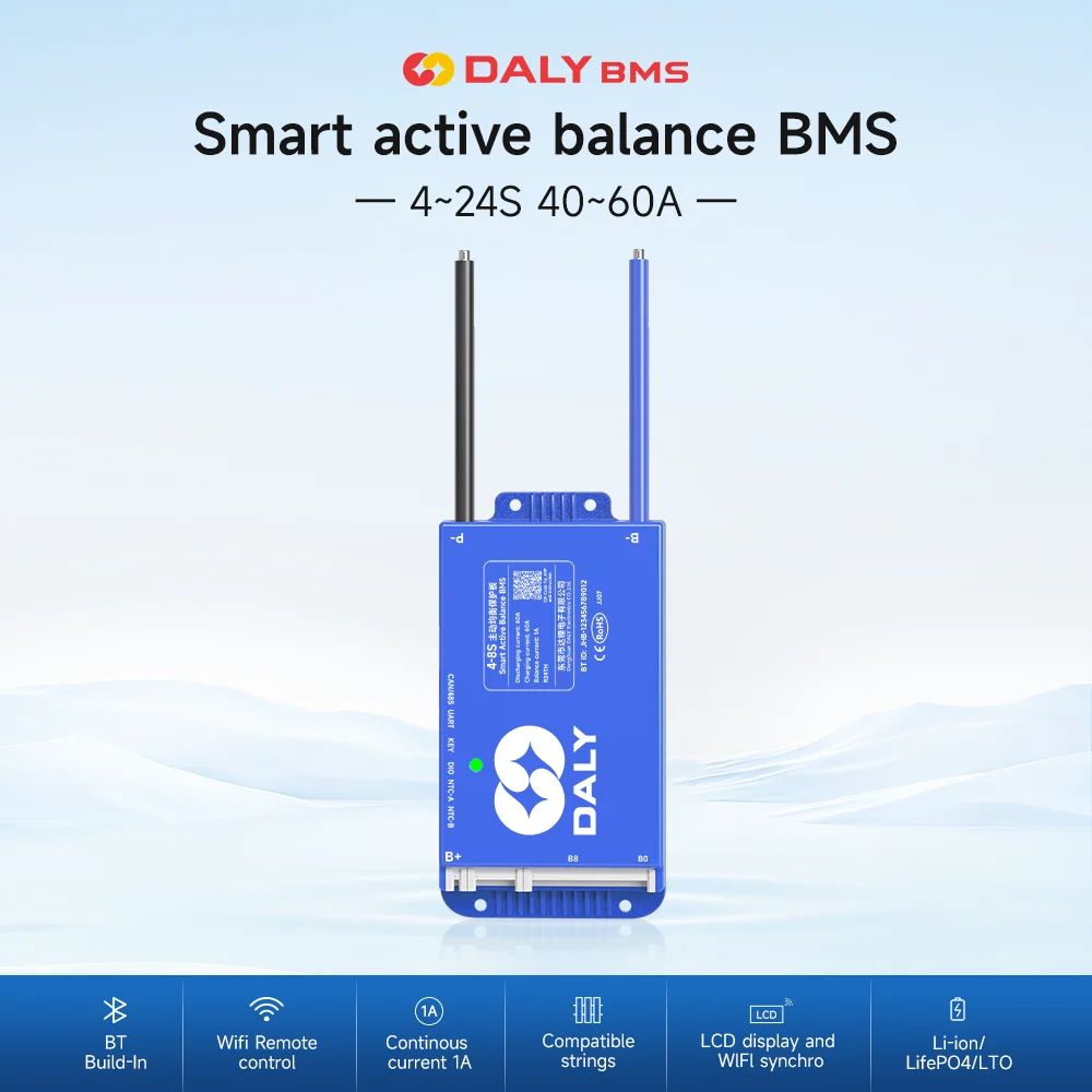

Daly Smart BMS 4S 8S 10S 13S 16S 24s 40A 60A Active Balance BT 7S 24V 48V BMS Lifepo4 Li-Ion Lto Battery