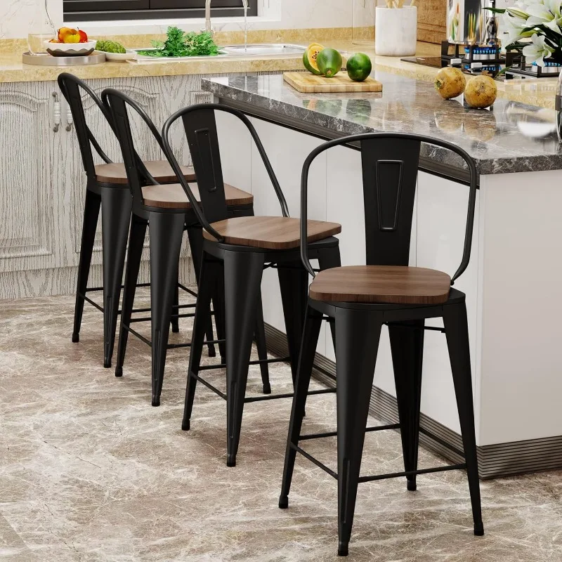 Swivel Metal 4 Piece Bar Stools with Backrest High Back Farmhouse