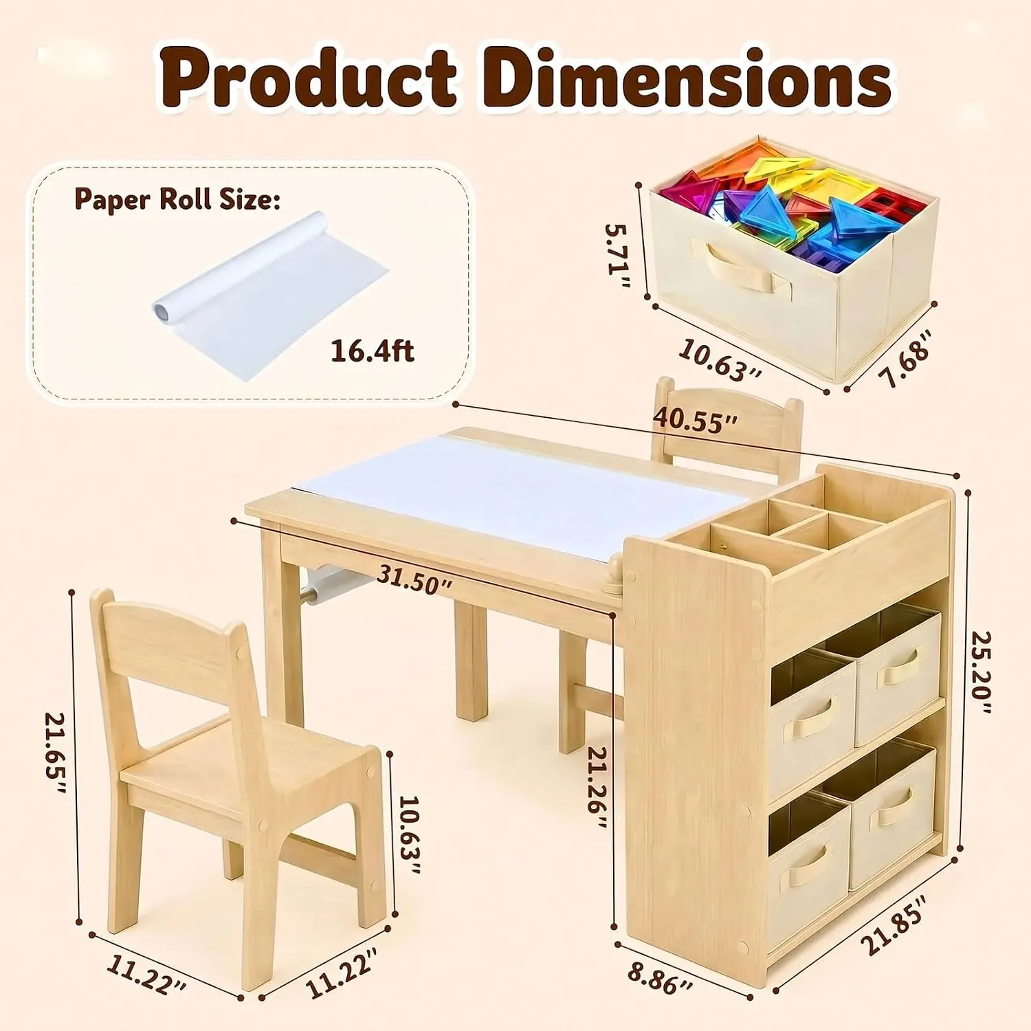 Kids Art Table & 2 Chairs Wooden Desk w/ Paper Roll & Bins for Toddler Drawing Painting, Customized