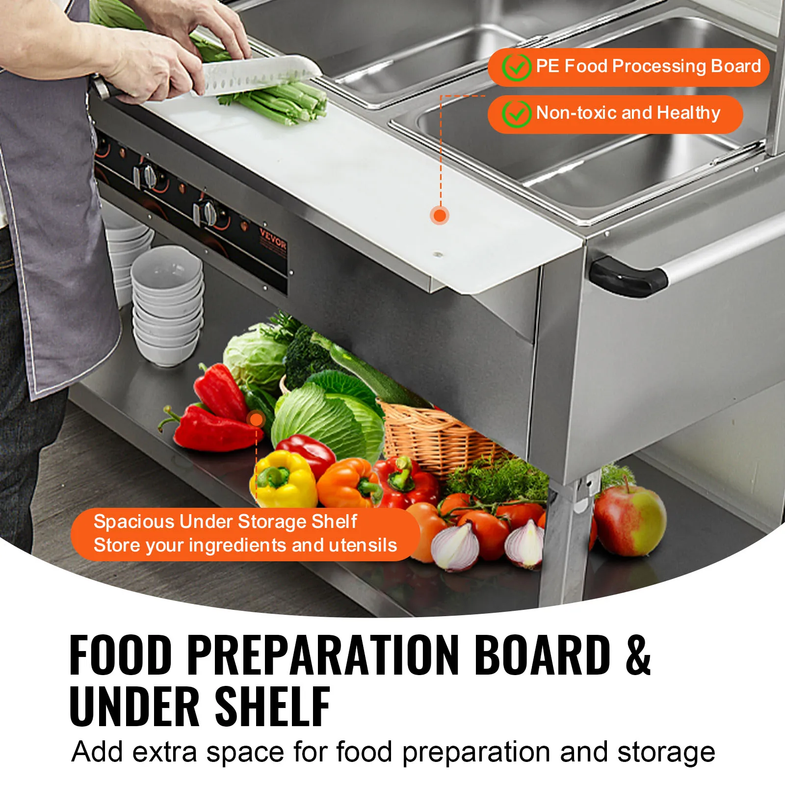 VEVOR 2-Pan جهاز تسخين الطعام التجاري 2x20.6QT طاولة بخار كهربائية 1000 واط بوفيه احترافي لتخفيف الطعام مع 4 عجلات