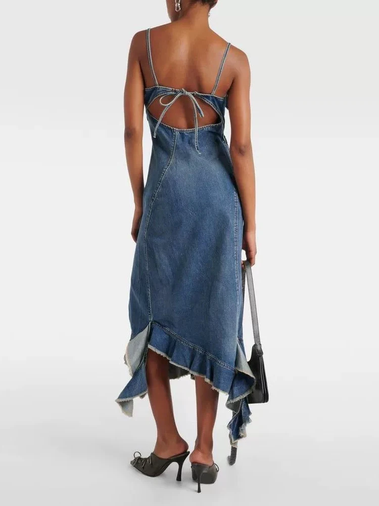 Irregular ruffled hem broken holes denim skirt temperament fashionable backless halter women's dress 2024 summer new