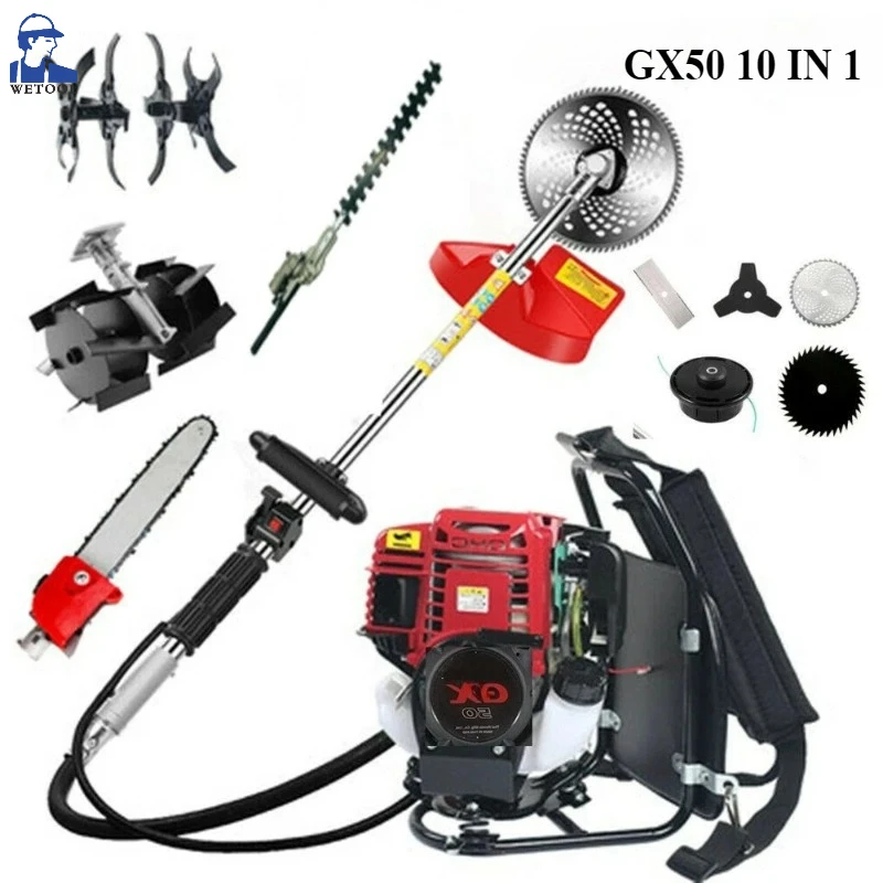 

Рюкзак GX 50, 10 в 1, триммер для живой изгороди, 4-тактный двигатель, бензиновый триммер, газонокосилка, культиватор