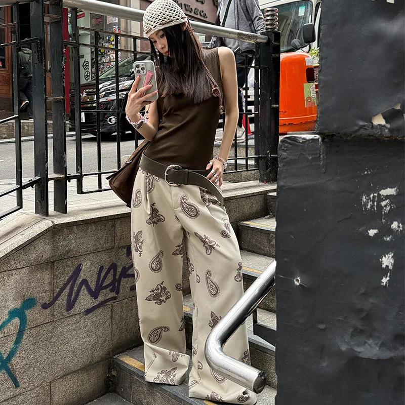 

women pants Stylish Trendy Paisley Printed Wide Leg Pants Unique Design Niche Casual Straight Leg Trousers