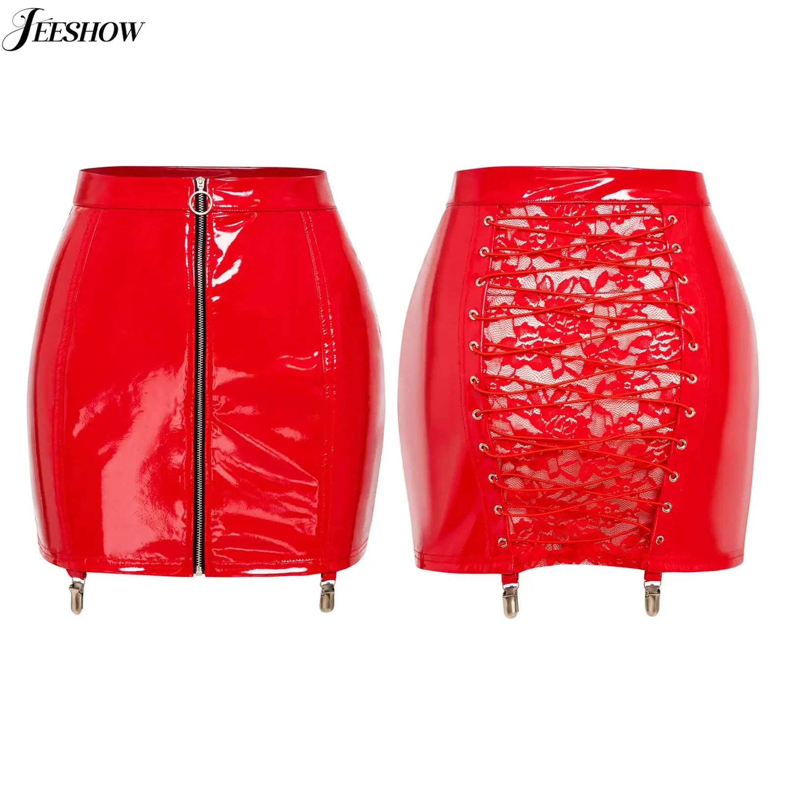 Minifalda de cuero PU con cremallera frontal para mujer, microfalda ajustada con cordones y retales de encaje Floral con Clips para liga, ropa para discoteca