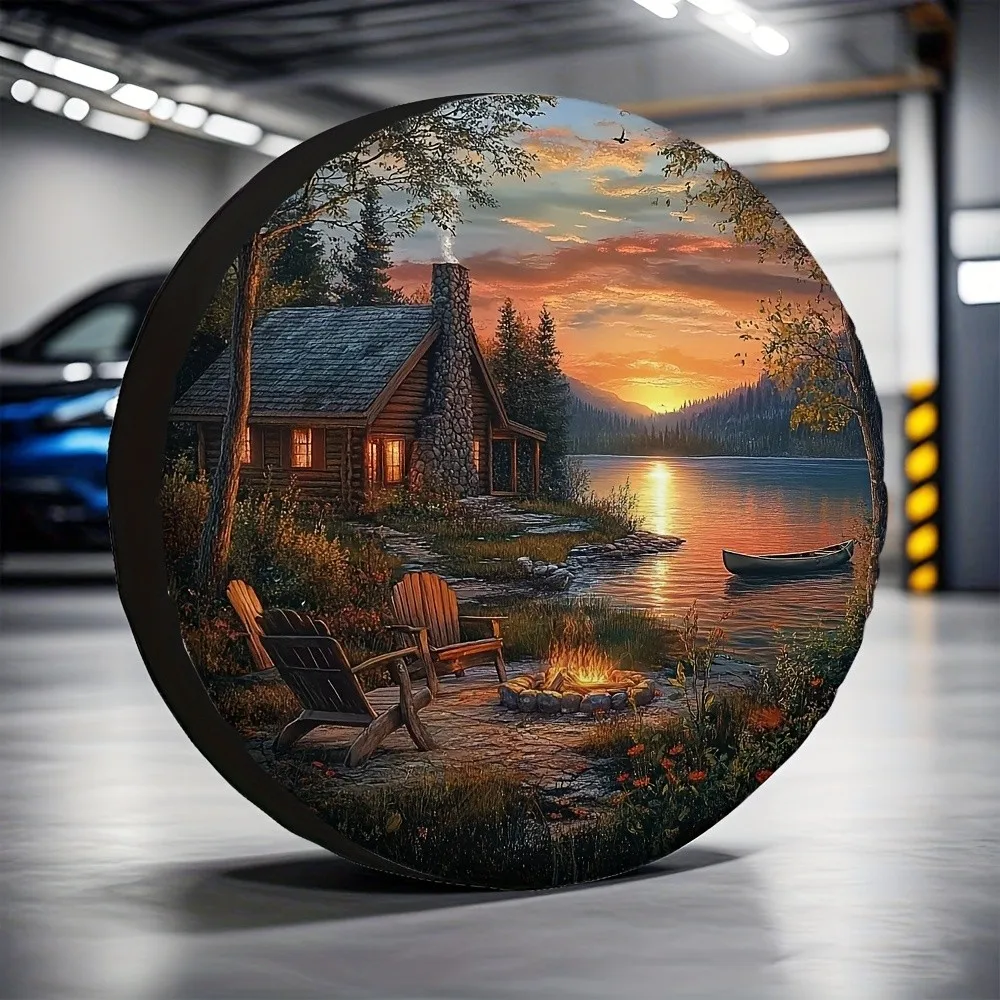 

Cabin Sunset Spare Tire Cover Waterproof Polyester Outdoor Parking Protection Decorative Accessory