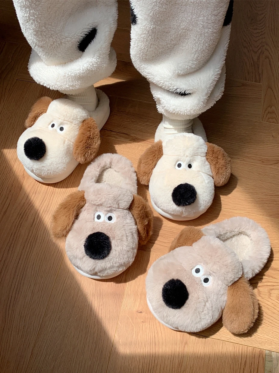 Cute Puppy Children's Cotton Slippers For Women Winter Warmth Boys Girls' Baby Cute Parent-child Plush Home Slipper Shoes Man