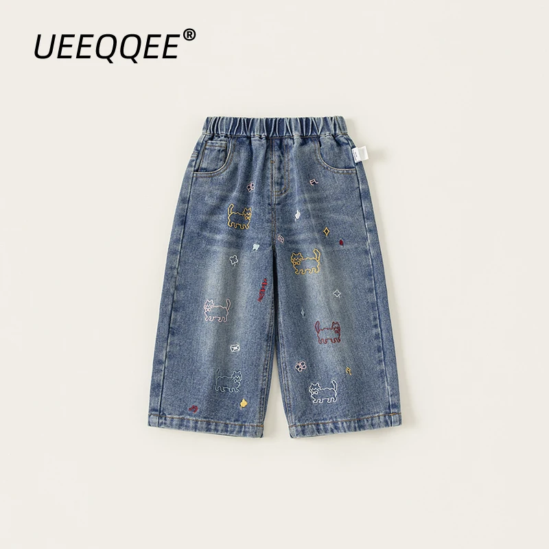

Spring Autumn Children Jeans 1-10Y Girls Embroidery Cartoon Denim Pants Straight Trousers Korean Toddler Wear For Kids Clothing