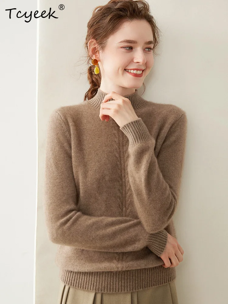 

Tcyeek, 35% Cashmere 65%Wool Elegant Sweater, Women Mock Neck Jacquard, Fashion Casual Warm Sweater, Fall Winter New T48155QM
