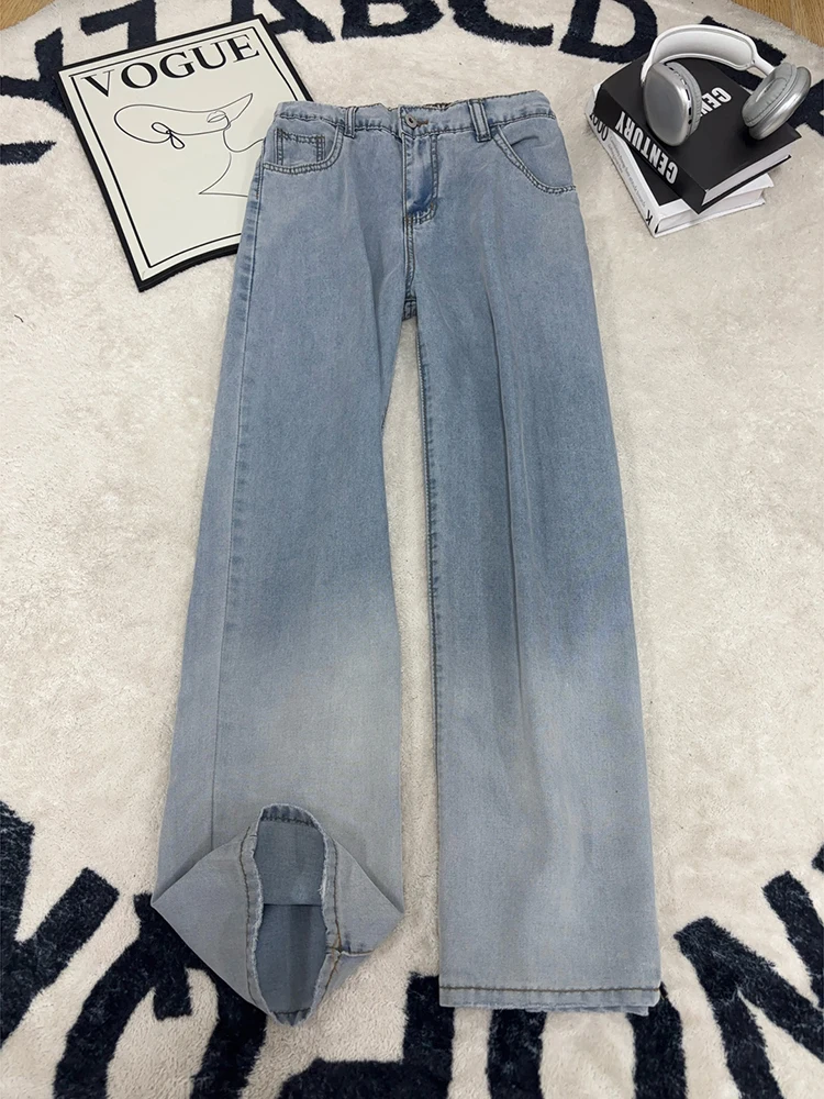 

adual Ice Silk Straight Leg Thin Denim Jeans Men Summer Casual Loose Fit Classic Blue mid Waist Button Closure Jeans