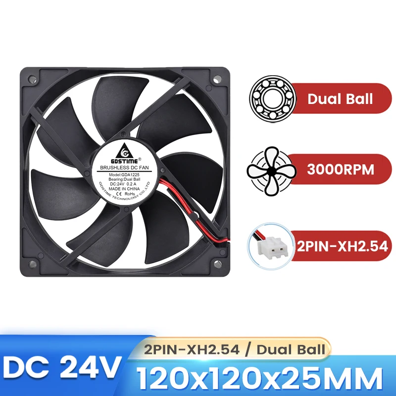 

2Pcs Lot Gdstime DC 24V 12cm 120mm Brushless Axial Fan 120mmx25mm Dual Ball Laptop GPU Cooling Fan 12025 PC Computer Case Cooler