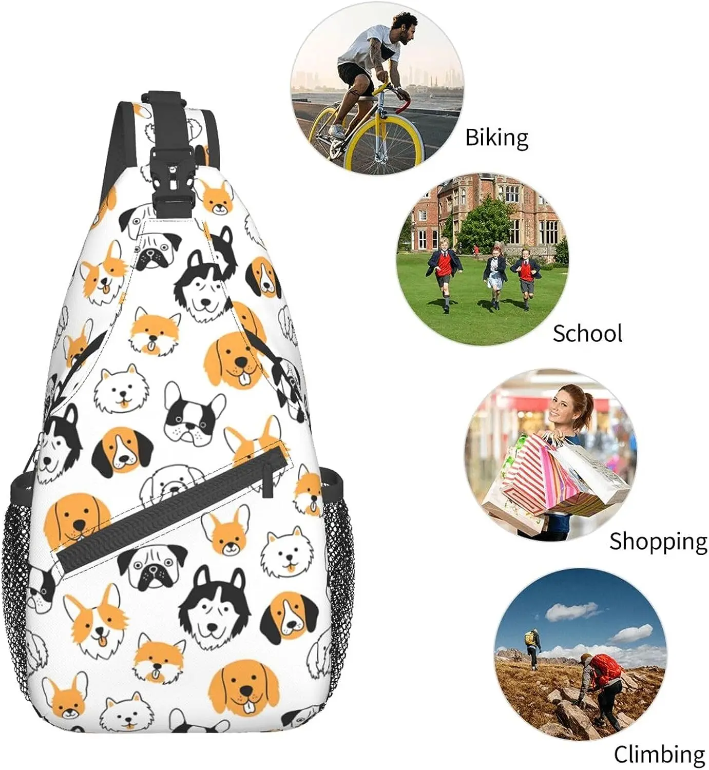 Bolso de pecho cruzado con estampado de perro para hombre, bolsa de hombro cruzada diagonalmente, mochila de día para viajes al aire libre, senderismo con bolsillos