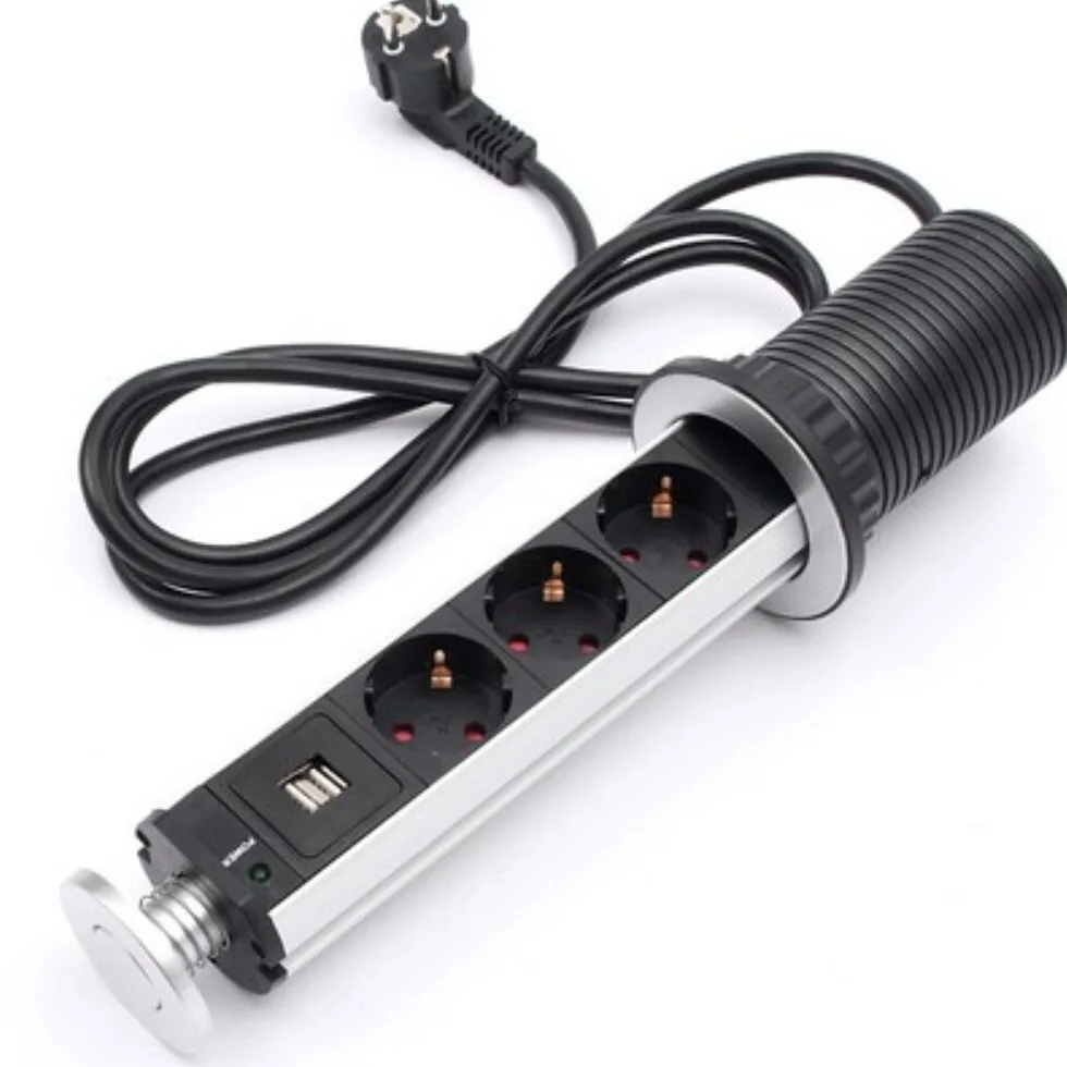 

Wall Pad Pull-up Desktop Socket 3 Sockets 2.4A USB Charging Port 2M Expansion Plug Retractable Aluminum Body
