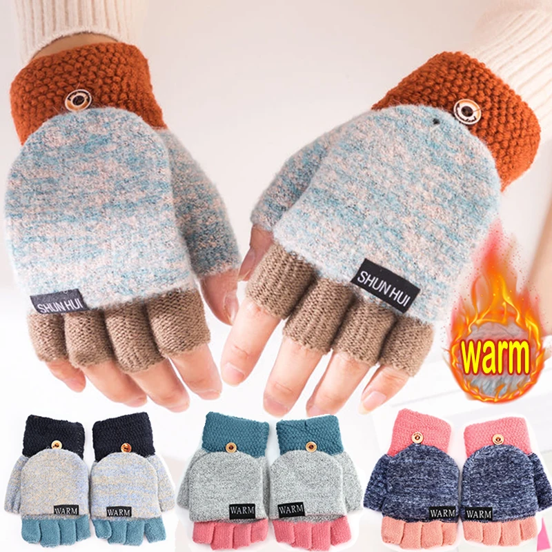 

Women Knitted Flip Fingerless Gloves Exposed Harf Finger Mittens Winter Warm Thickened Glove Knitting Wool Touchscreen Gloves