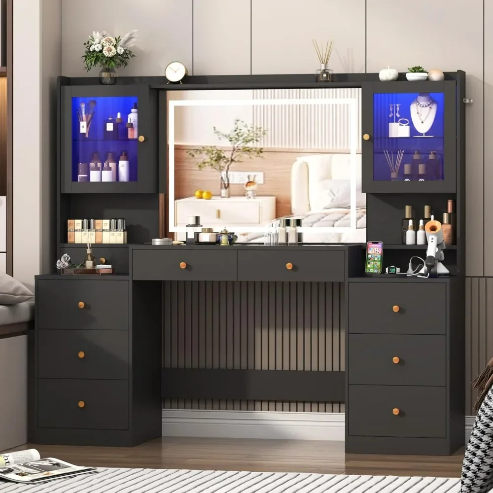

62" Large Vanity Desk, W/ Tempered Glass Top, Power Outlet, 3 Lights Mode LED Mirror,9 Drawers, 2 RGB Cabinet LED Vanity Table