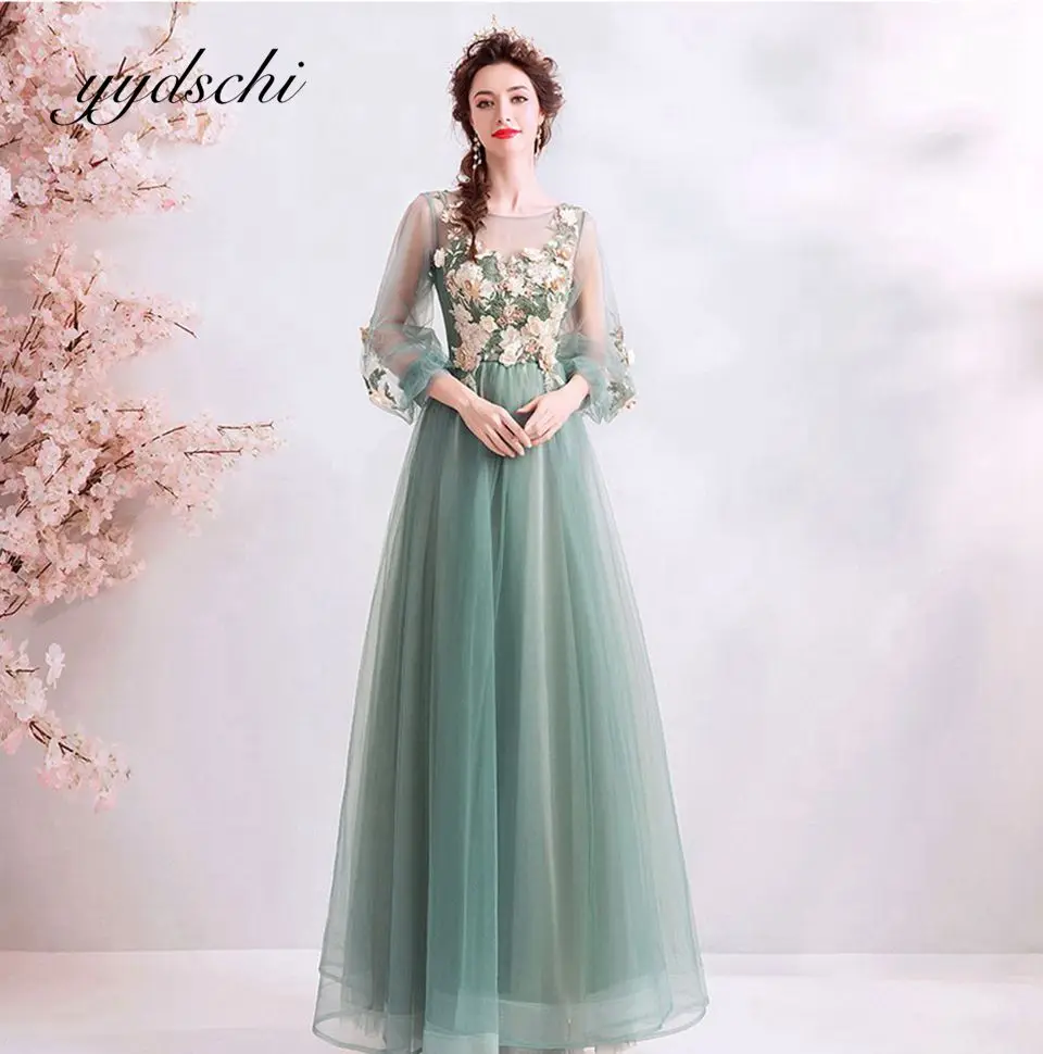 

2022 Elegant Dress Women For Wedding Party Puff Sleeves Appliques Ball Gown Tulle Lace Up Beading Evening Dress Robes De Soirée