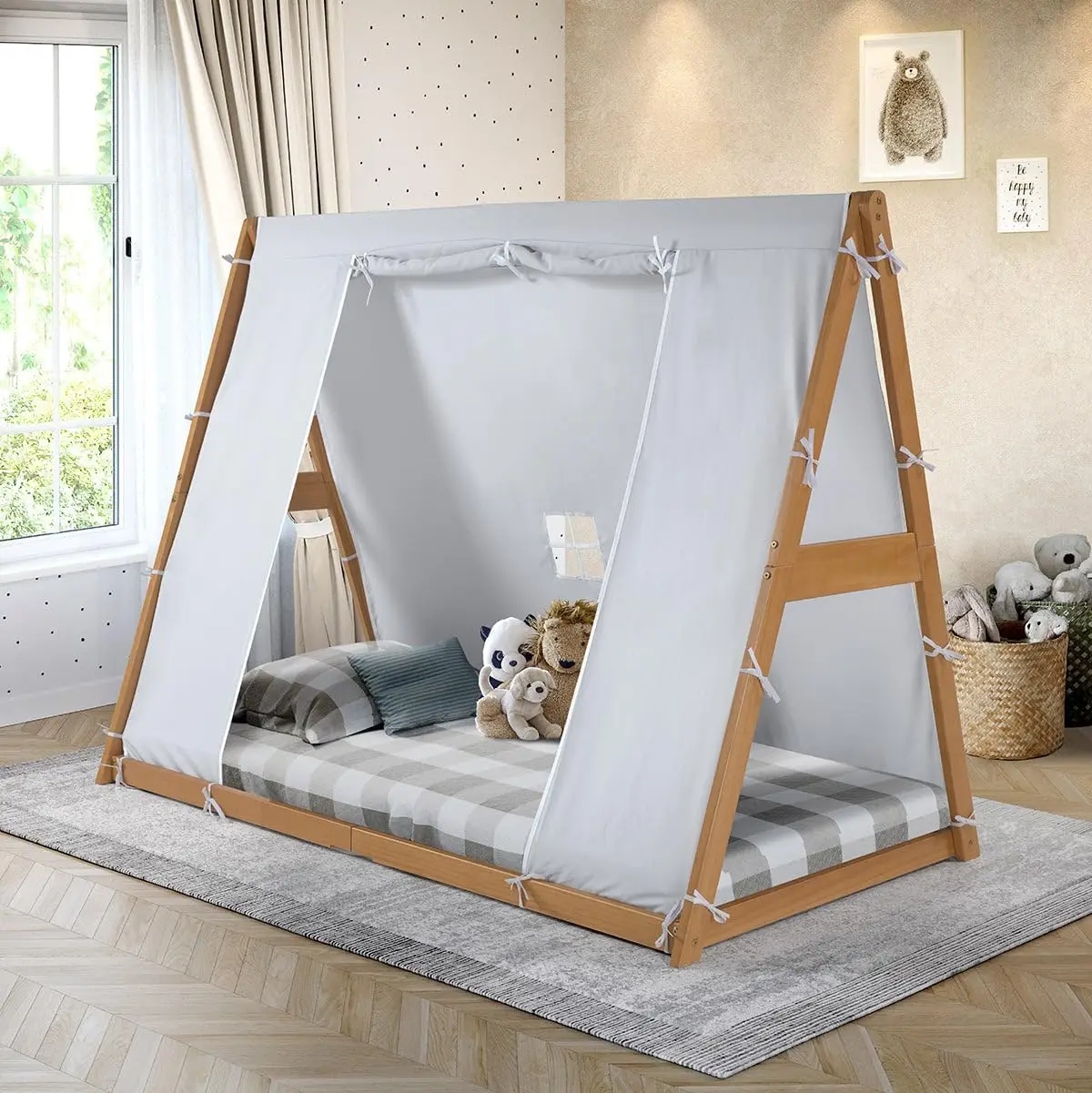 Twin Floor Bed - Natural or White Frame, Grey, Children’s Bedroom Furniture … (Natural Frame)