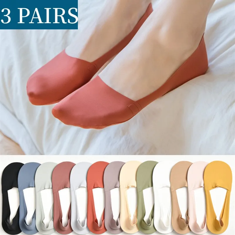 3 Pairs/Lot Short Socks Women Silicone Anti-slip Cotton Socks 2022 Summer Breathable Sock Solid Thin Invisible Ice Silk Socks