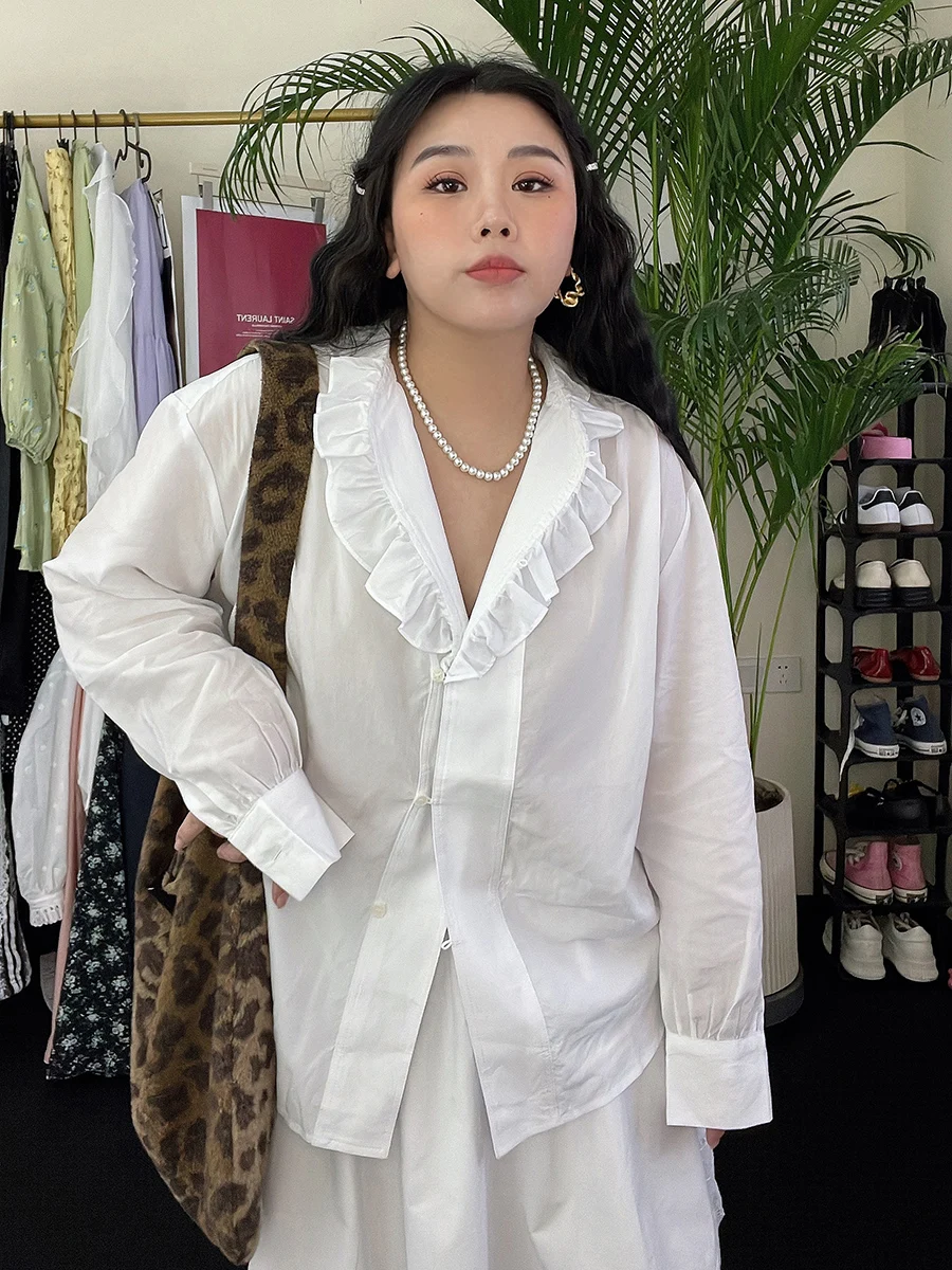 

Осенняя новинка: женская шелковая блузка больших размеров с воротником-рюшем и деревянной отделкой, утягивающая, с защитой от солнца, с длинным рукавом, повседневный топ