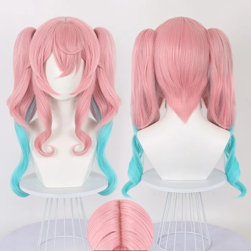 Anime Star Rail Fhy Cosplay Wig Realistic Scalp Layered Gradient Blue Pink Hair with Clip-in Ponytail Performance Props Adult