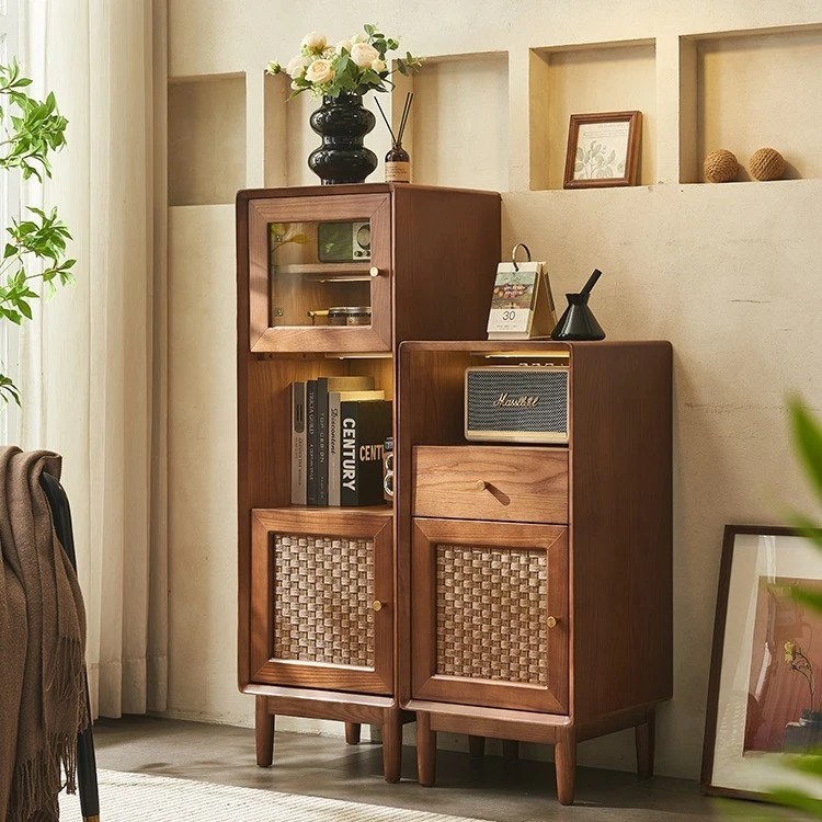 Medieval rattan wine cabinet, living room dining side cabinet, Japanese-style locker, display cabinet, wabi sandy wind solid