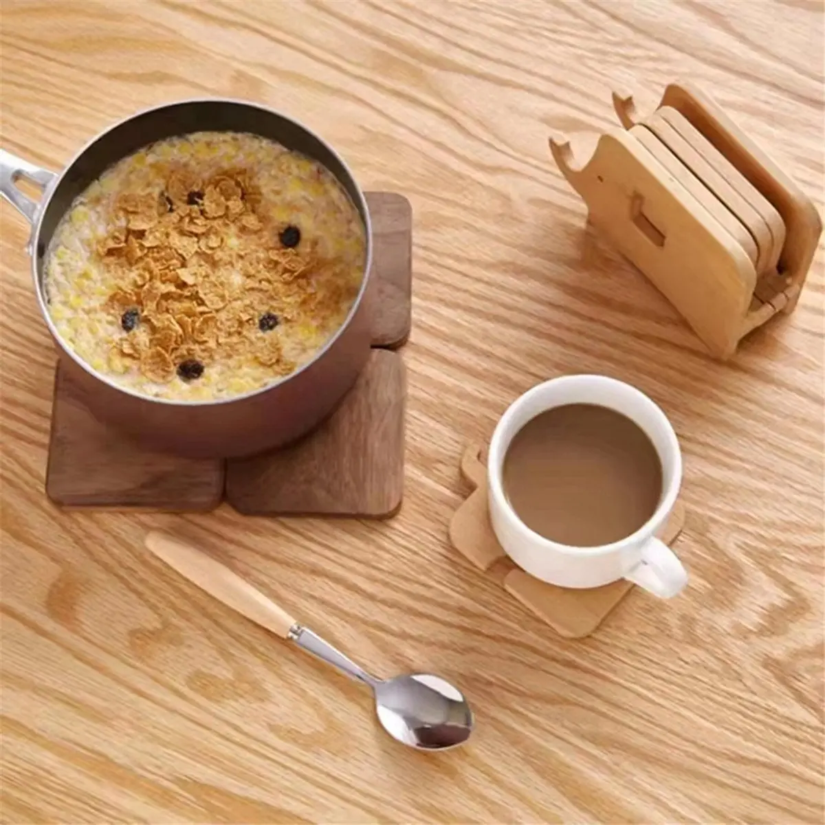 2026 Trend Solid Wood Elephant Cartoon Coaster Solid Wood Coffee Coaster Pot and Bowl Combination Desktop Insulation Pad