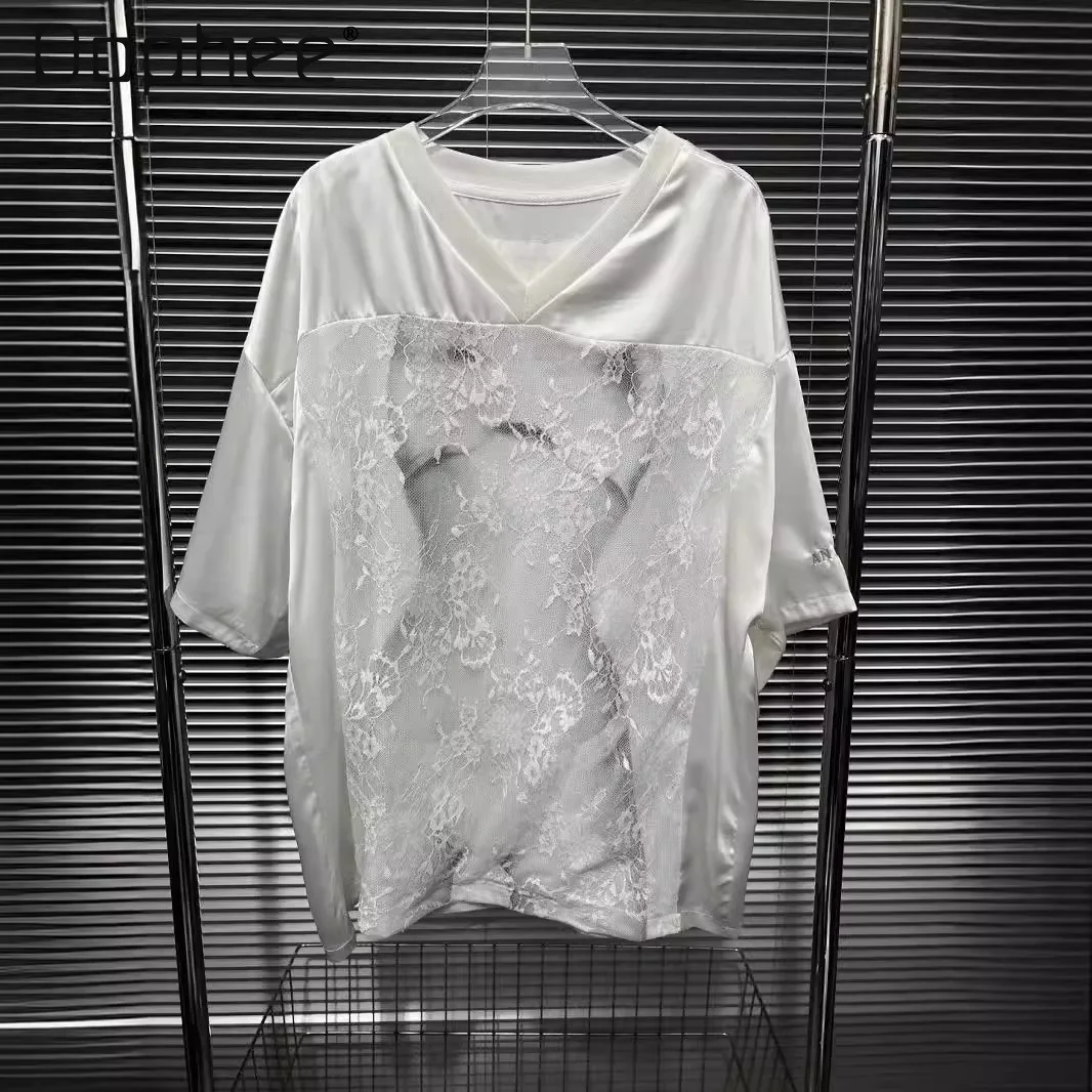 

American Fashion Lace T Shirt Body Print V Neck Short Sleeve Loose Tees Top Casual White Streetwear Chic Design Summer