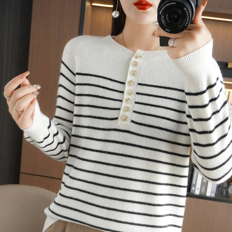 Women O-Neck Striped Cashmere Sweater Autumn and Winter Retro Women Knitted Pullover