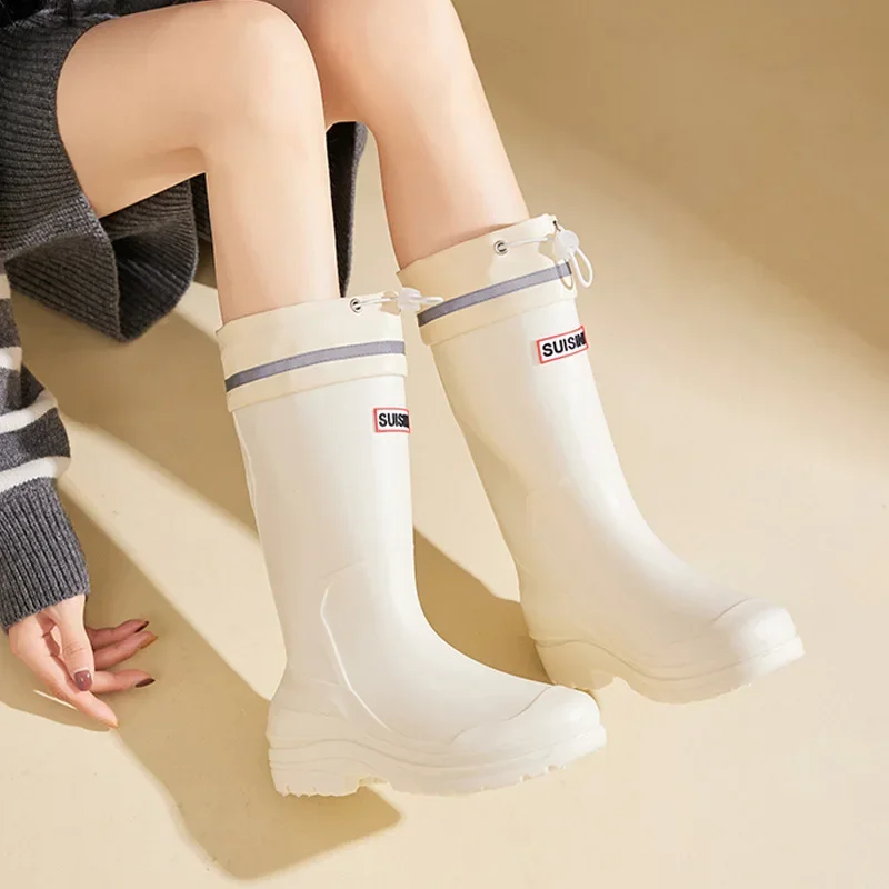 New Women Fashion Mid-calf Slip-on Rain Boots Female Outdoor Kitchen Rainboots Waterproof Woman Water Shoes Wellies Boots