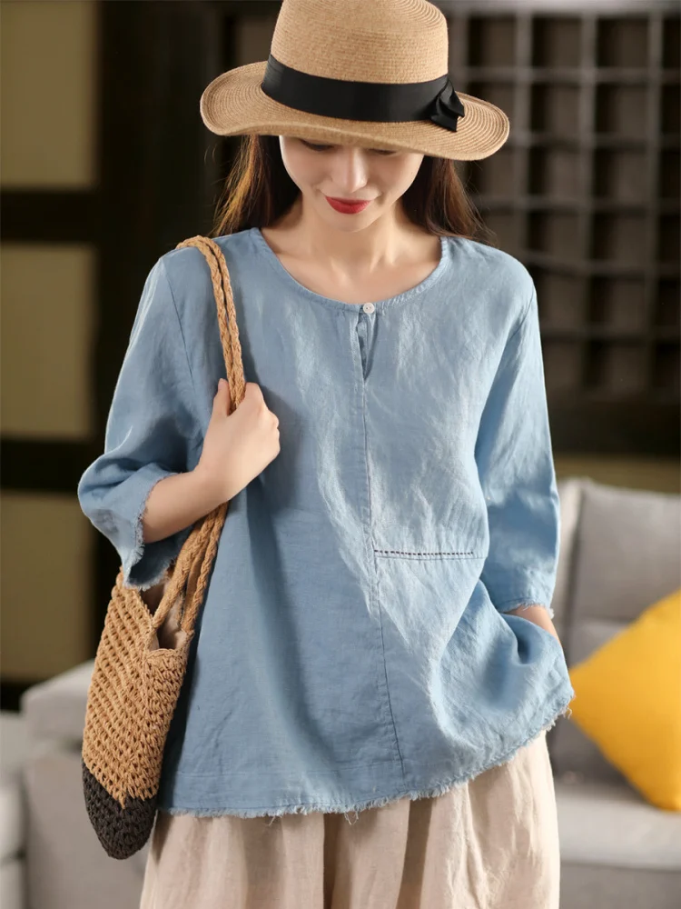 

Ретро-футболка из льна с коротким рукавом, женская, ручной работы, с необработанным краем, с завязками, повседневная, летняя, для города