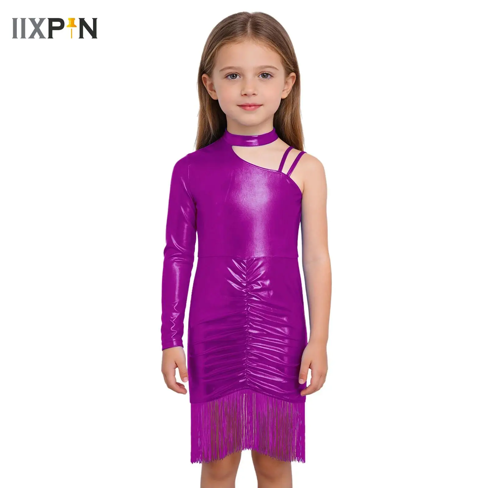 

Kids Chacha Samba Rumba Latin Dance Competition Dresses Girls Metallic Tassels Latin Dance Dress Child Stage Performance Costume