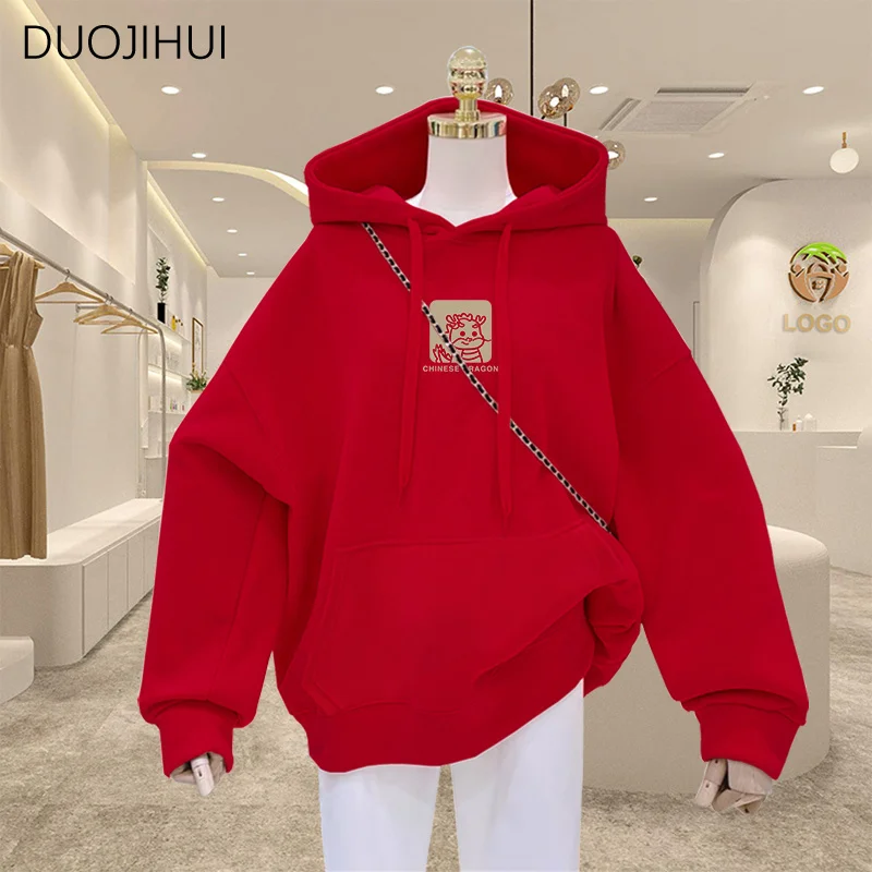 

DUOJIHUI Red Chic Drawstring Hooded Loose Female Hoodies Spring New Basic Long Sleeveless Fashion Printing Casual Women Hoodies