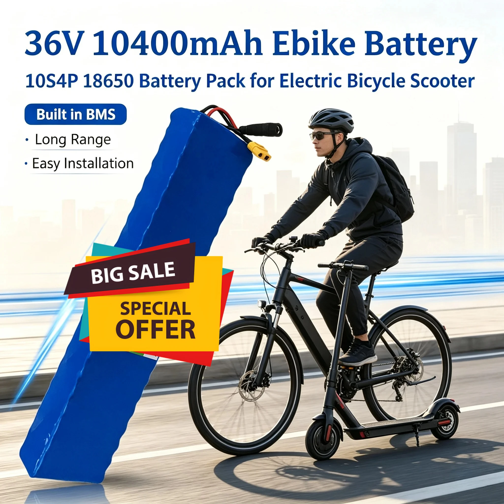 High power 36V 10400mAh 18650 Li-ion Battery Pack 10S4P BMS Protection 500W for Modified Electric Bicycle Scooter with Charger