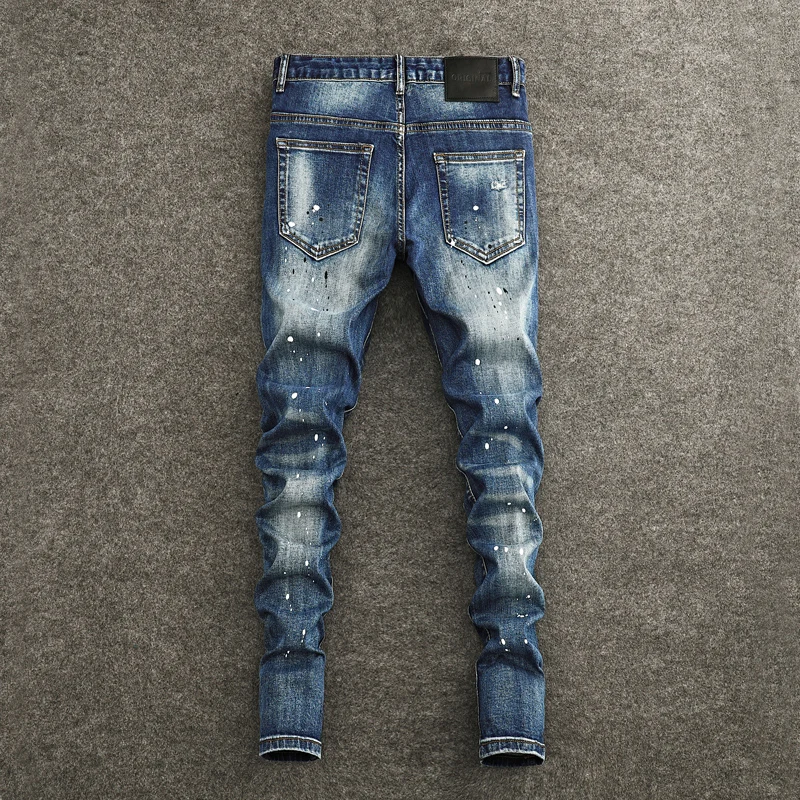 Street Designer Fashion Men Jeans Retro Blue Stretch Slim Fit Painted Ripped Jeans Men Y2K Vintage Casual Denim Pants Hombre
