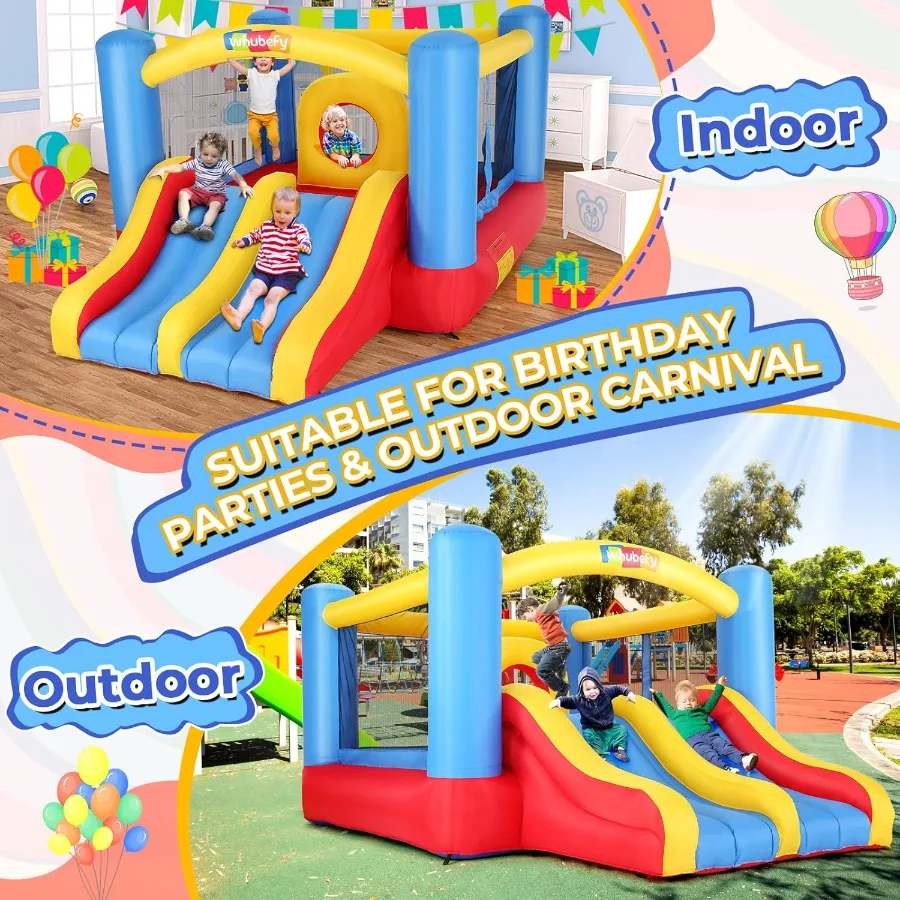 Springkasteel voor kinderen 3-6, 12,6x9 FT opblaasbaar springkasteel met hindernisbaan voor kinderen, groot springgebied, dubbele glijbaan, uit