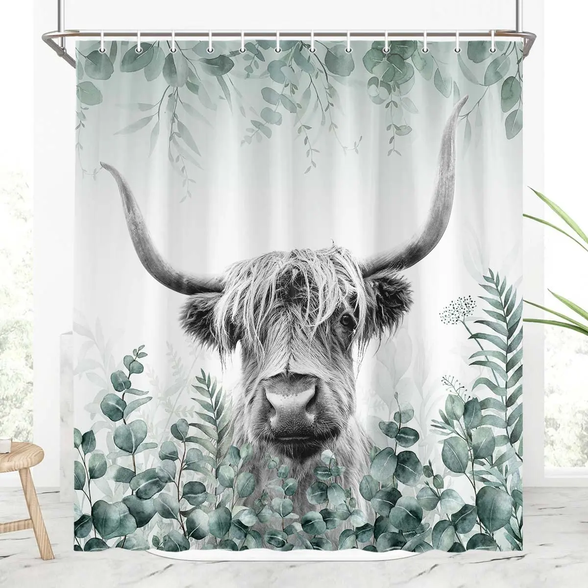 Farm Highland Cattle Print Shower Curtain Funny Cow Floral Decor Country Style Waterproof Bothroom Bathtub Screen with Hooks