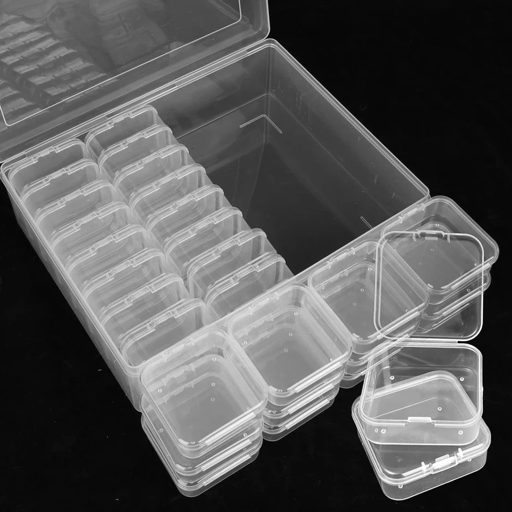 30/14PCS Mini Storage Box Transparent Square Plastic Case for Earring Ring Jewelry Packaging Portable Grocery Storage Organizer